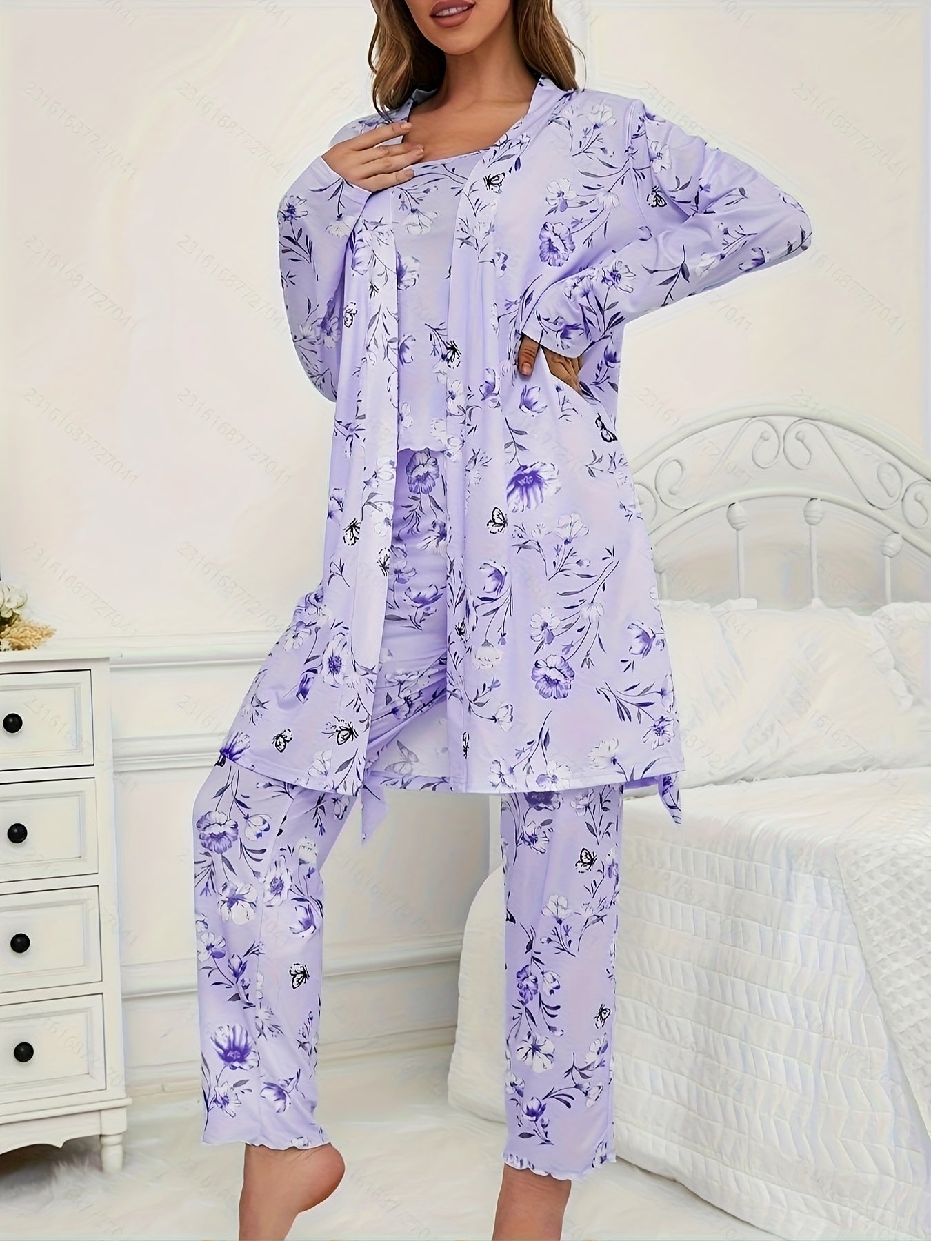3pcs Floral And Butterfly Print Pajama Set - Long Sleeve Belted Robe & Cami Top & Pants Lounge For All Seasons