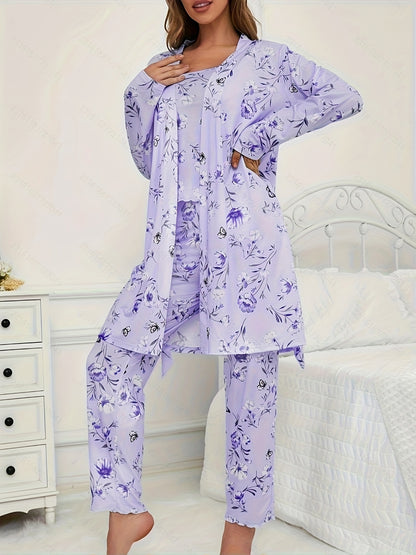 3pcs Floral And Butterfly Print Pajama Set - Long Sleeve Belted Robe & Cami Top & Pants Lounge For All Seasons