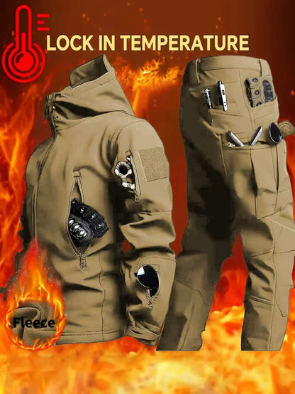 Men'S New Thickened Two-Piece Windproof Jacket And Hoodie Designed for Autumn And Winter, Featuring Multiple Pockets, Elastic Materials, And Warmth, Ideal for Hiking, Skiing, Fishing, And Outdoor Sports. Tactical Style with Breathable Fabrics