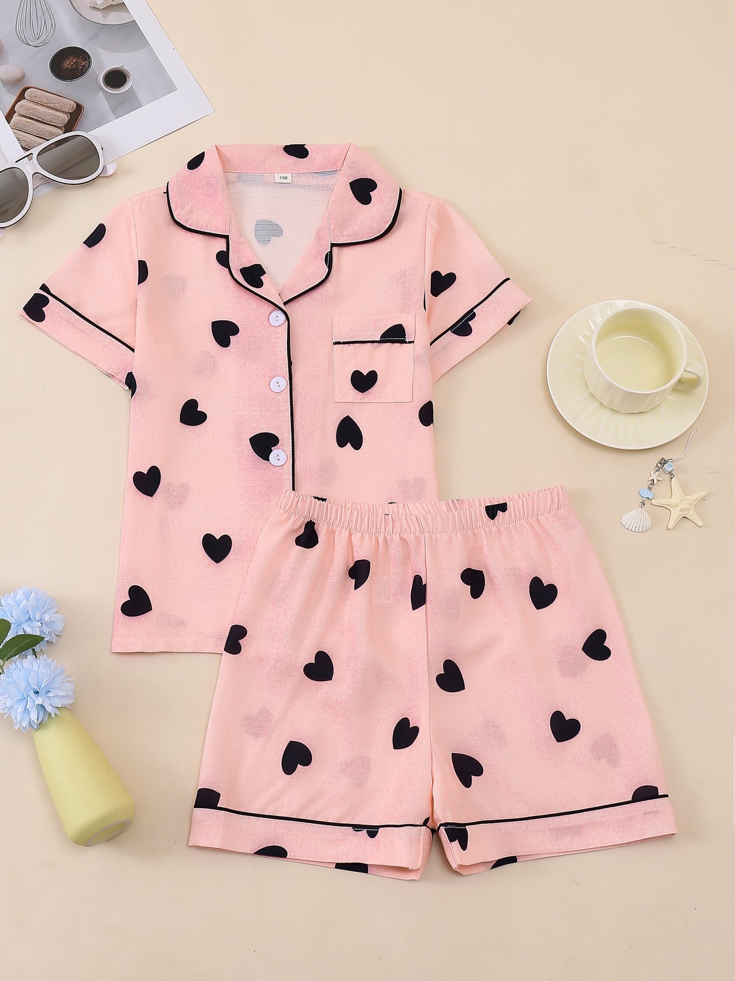 Random 1 Set!Girls' Lapel Pajama Set, Short-Sleeve Top And Elastic-Waist Shorts, Taro Purple Hearts, Light Pink Hearts, White with Teddy Bears And Bows, Pink with Black Hearts. Soft, Skin-Friendly Bubble Crepe for Cozy Home Wear