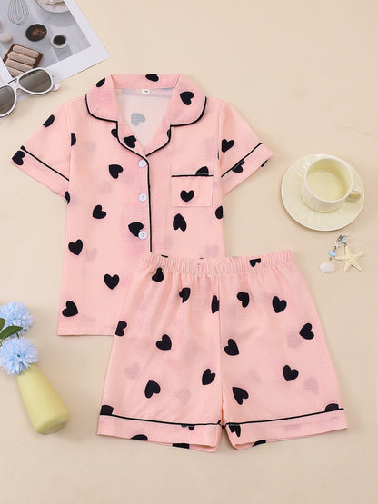 Random 1 Set!Girls' Lapel Pajama Set, Short-Sleeve Top And Elastic-Waist Shorts, Taro Purple Hearts, Light Pink Hearts, White with Teddy Bears And Bows, Pink with Black Hearts. Soft, Skin-Friendly Bubble Crepe for Cozy Home Wear
