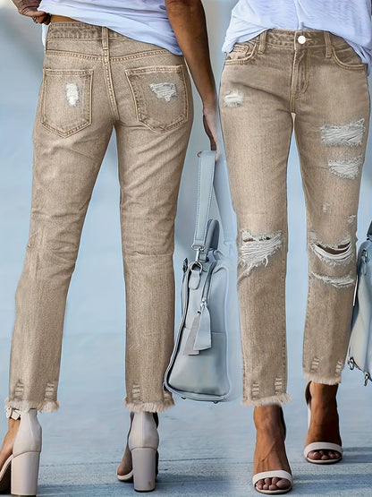 Plus Size Women's Blue Distressed Washed Denim Jeans | Multiple Rips & Destroyed Hem | Slim Fit, Unique Design | Versatile Stylish Style for All-Season Commuting