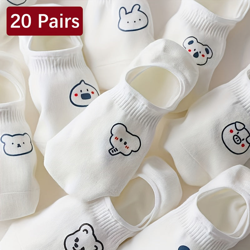 20 Pairs Women's Cute Anime Animal Face Socks - Soft Non-Slip Invisible Tip Boat & Short Socks with Heart & Bear Patterns, All-Season Comfort for Daily Wear, White with  Soles & Laces - Kawaii Style Socks for & Women, Elegant & Playful Cartoon Animal Desi