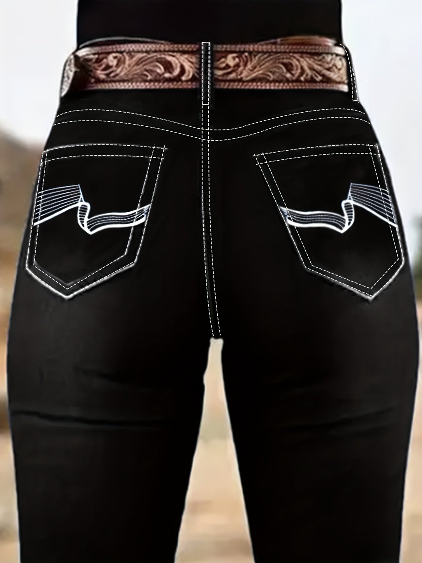 High-Waisted Bell-Bottom Jeans with a Black Irregular Pattern Embroidery on The Back Pocket, Featuring a Heavy Industry Contrast Color Wash, Cat Beard Design, And a Mature Retro Style Suitable for All Seasons