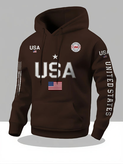 USA Flag Pattern Printed Hoodies, Men's Sweatshirts, United States Letter Printed Casual Knitted Fabric Pullovers for Both Men and Women, Student Couple Outfits, Fashionable Sweatshirts, Autumn and Winter Men's and Women's Sweatshirts