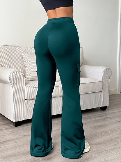 Women'S Solid Color Casual Drawstring Wide-Leg Sweatpants With Pockets, Elastic Waist Micro Flare Cargo Pants, Stretchy Pants For Daily Casual & Wear