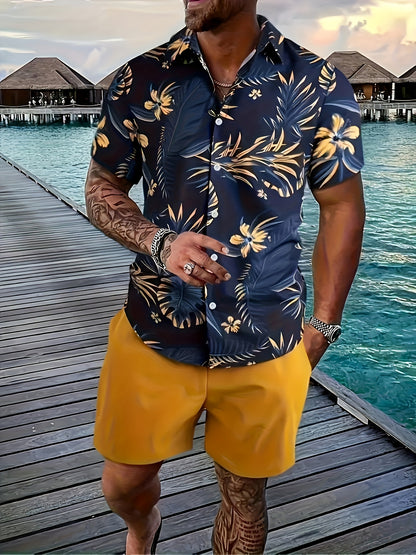 3pcs Men's Tropical Floral & Palm Tree Print Short Sleeve Shirts - Casual, Comfortable Summer Button-Up Dress Shirts in Black, White, & Beige - Perfect Gift for Him