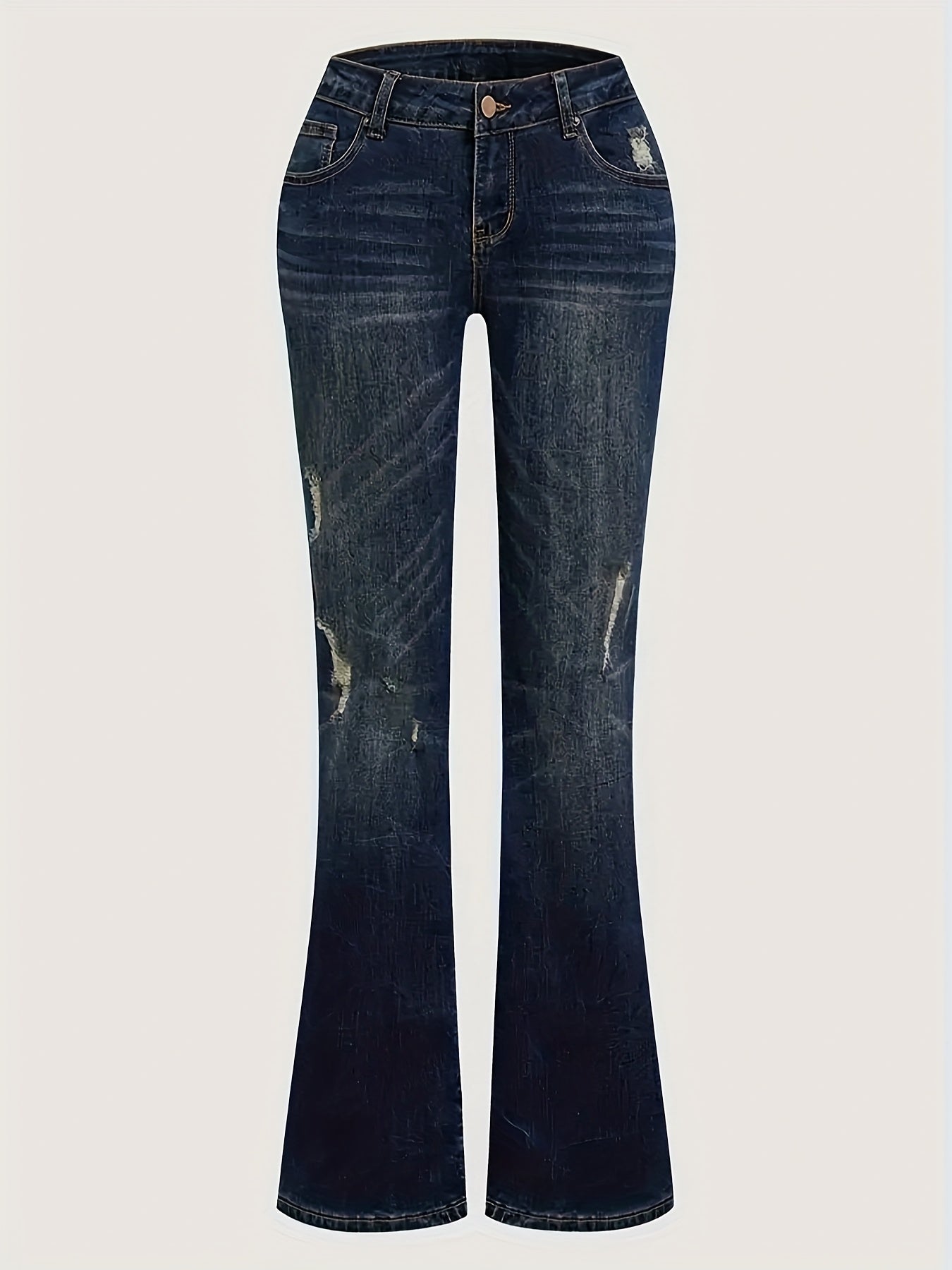 Retro-Inspired Denim Trousers in a Deep Blue Wash, Featuring a Slightly Flared Cut for Women. These Versatile Pants Are Perfect for Any Season, Made from Elastic Fabric for a Comfortable Fit That Enhances The Hips