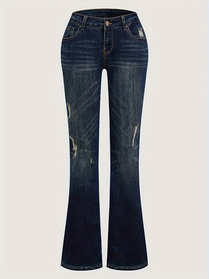 Retro-Inspired Denim Trousers in a Deep Blue Wash, Featuring a Slightly Flared Cut for Women. These Versatile Pants Are Perfect for Any Season, Made from Elastic Fabric for a Comfortable Fit That Enhances The Hips