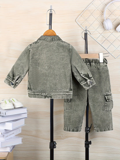 2pcs Boys' Western Cowboy Outfit Set - Distressed Denim Jacket, Jeans| Heavy-Duty Button-Up Front, Fall/Winter Casual Clothes, Casual Attire & Themed Events, Hand Washable Cowboy Set with Classic Western Style, Non-Stretch Fabric, Perfect for Outdoor