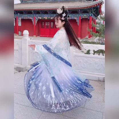 Targeted Women'S Hanfu, Embroidered Strapless Top, White Jacket with Star Pattern, Blue Skirt with Star Design, Elegant and Comfortable Hanfu