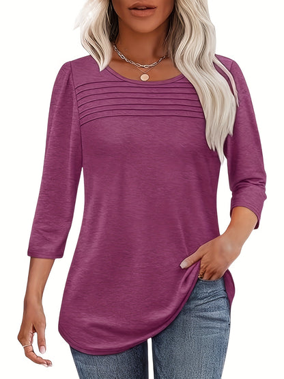 Women'S Three-Piece Set: Elegant 3/4 Sleeve Pleated Front T-Shirt, Casual Spring/Summer Top, Solid Color, All-Season Wear, Casual Attire|Pleated Front Top| Construction, Ladies T Shirts