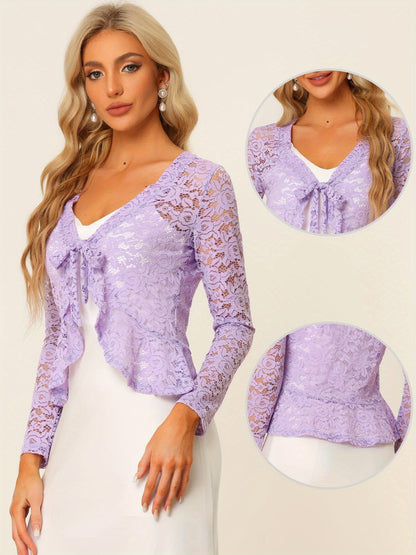 Women's Sheer Crop Bolero Cardigan - Semi-Sheer Lace Shrug with Ruffled Hem & Tie-Front Closure, Blouse for Sleeveless Dresses/Tank Tops (Machine Washable, Spring/Summer Wedding/Office/Cardigan) - 90% Nylon/10% Spandex