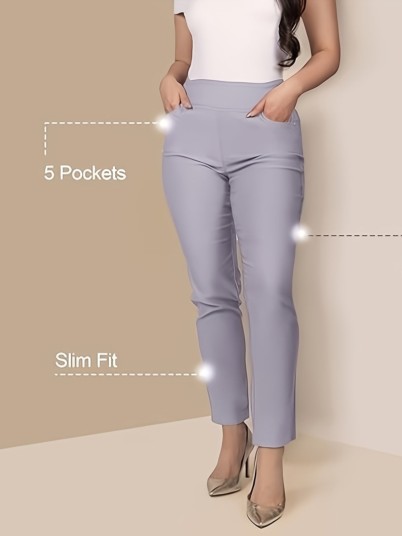 Slim Fit High-Waisted Pants for Women Featuring Five Pockets, Designed for Easy Pull-On Wear, Suitable for Work Or Casual Office Settings