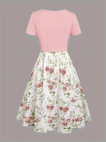 Floral Print Waisted Sleeveless Cami Dress And Solid Lace Up Short Sleeve Crop Top Set