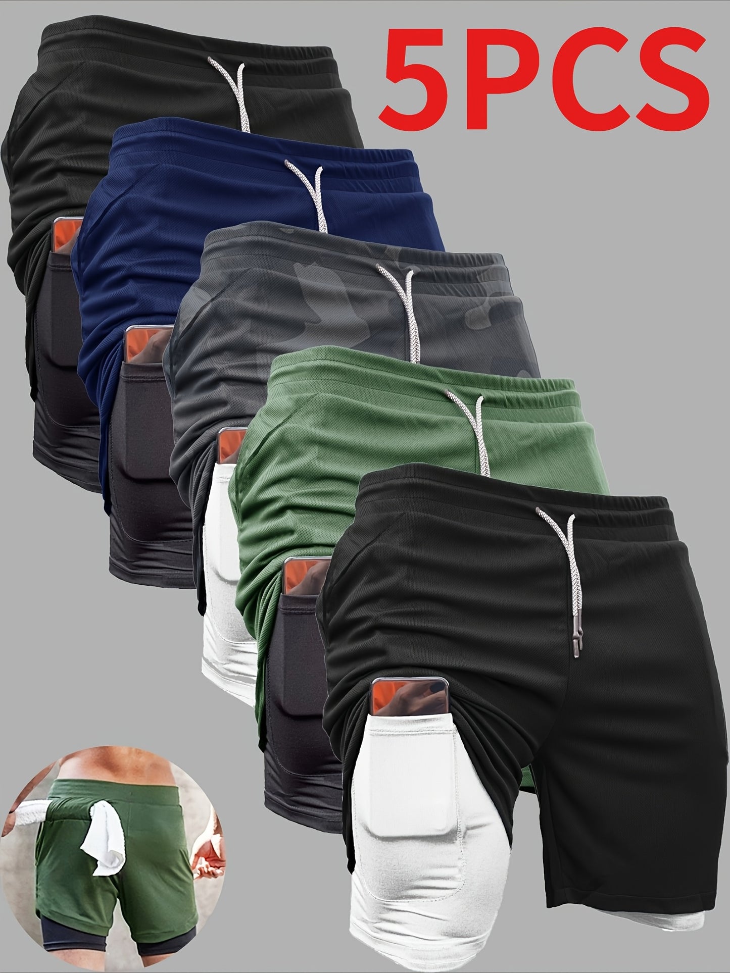 5pcs TNZI Gym Shorts Men'S 2-In-1 Double Layer With Inner Pocket, High Stretch Sports For Summer Workout Training, Running Athletic Compression Mens Basketball Bike Clothing Clothes Mesh Sets Gear Football Fitness Leggings Short De Hombre Gym