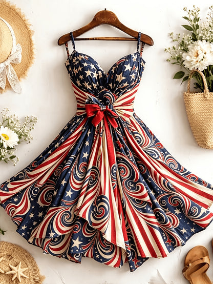 [Independence Day Style] Women's Retro Independence Day Style Camisole V-Neck Padded A-Line Waist Belted Fashion Dress