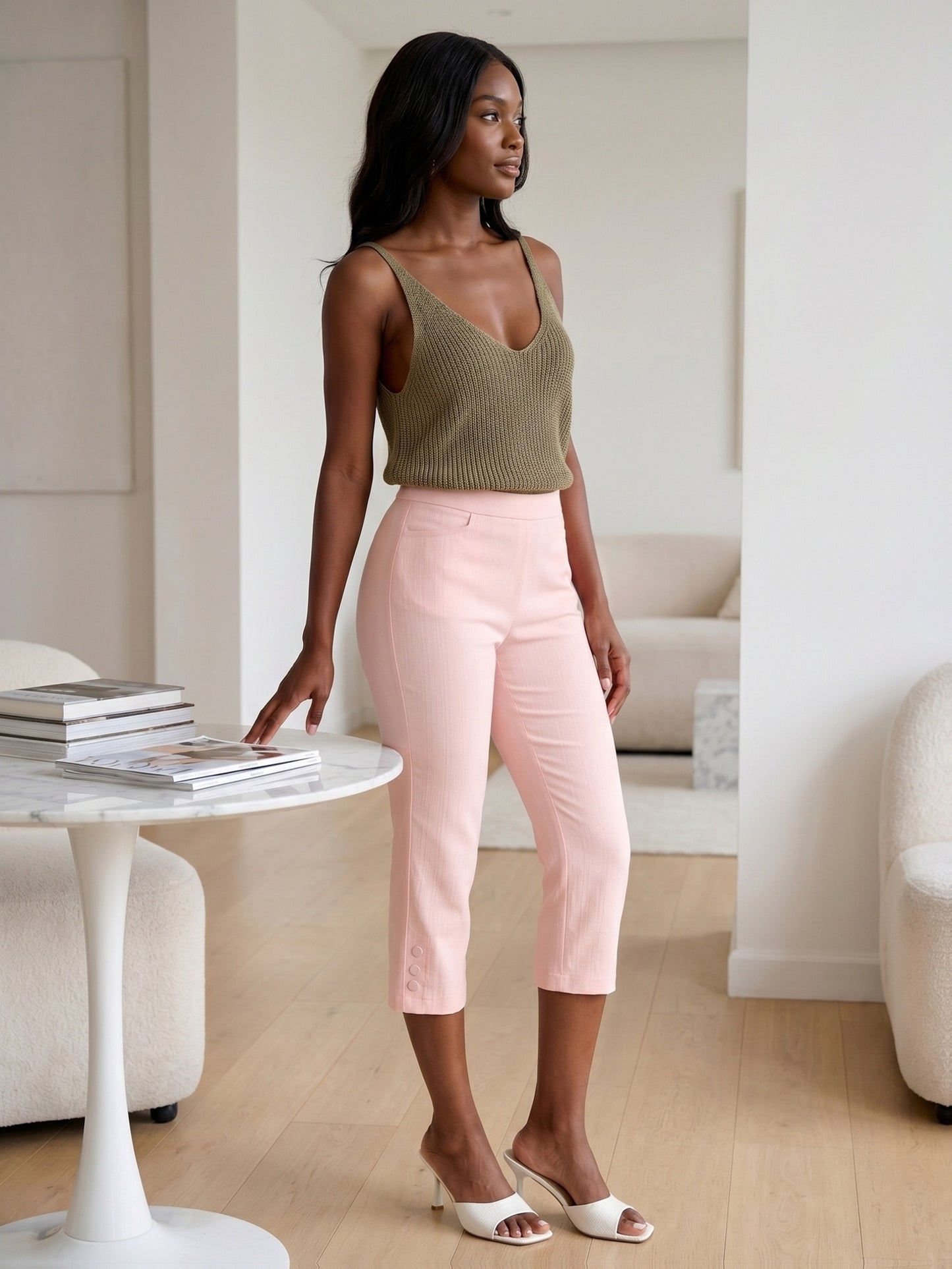 Women'S High-waisted Slim-fitting Capri Pants, Suitable For, Work And Daily Wear, With Pockets