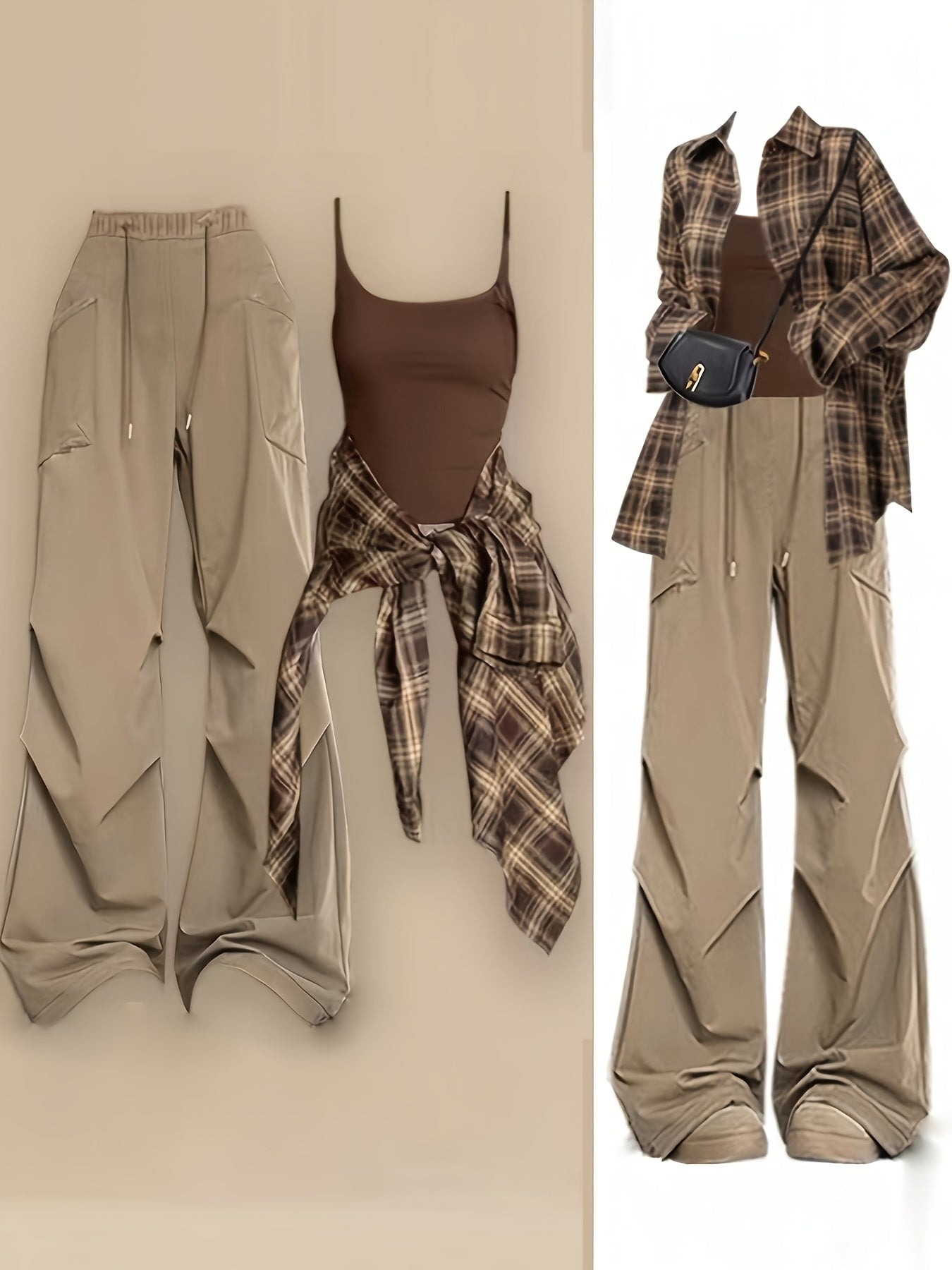 3pcss Women'S Y2K Harajuku Streetwear 3pcs Suit - Plaid Oversized Loose Fit Matching Set with High-Waist Wide-Leg Cargo Pants, Drawstring And Matching Vest - All-Season Casual Outfits, Fashion Clothing
