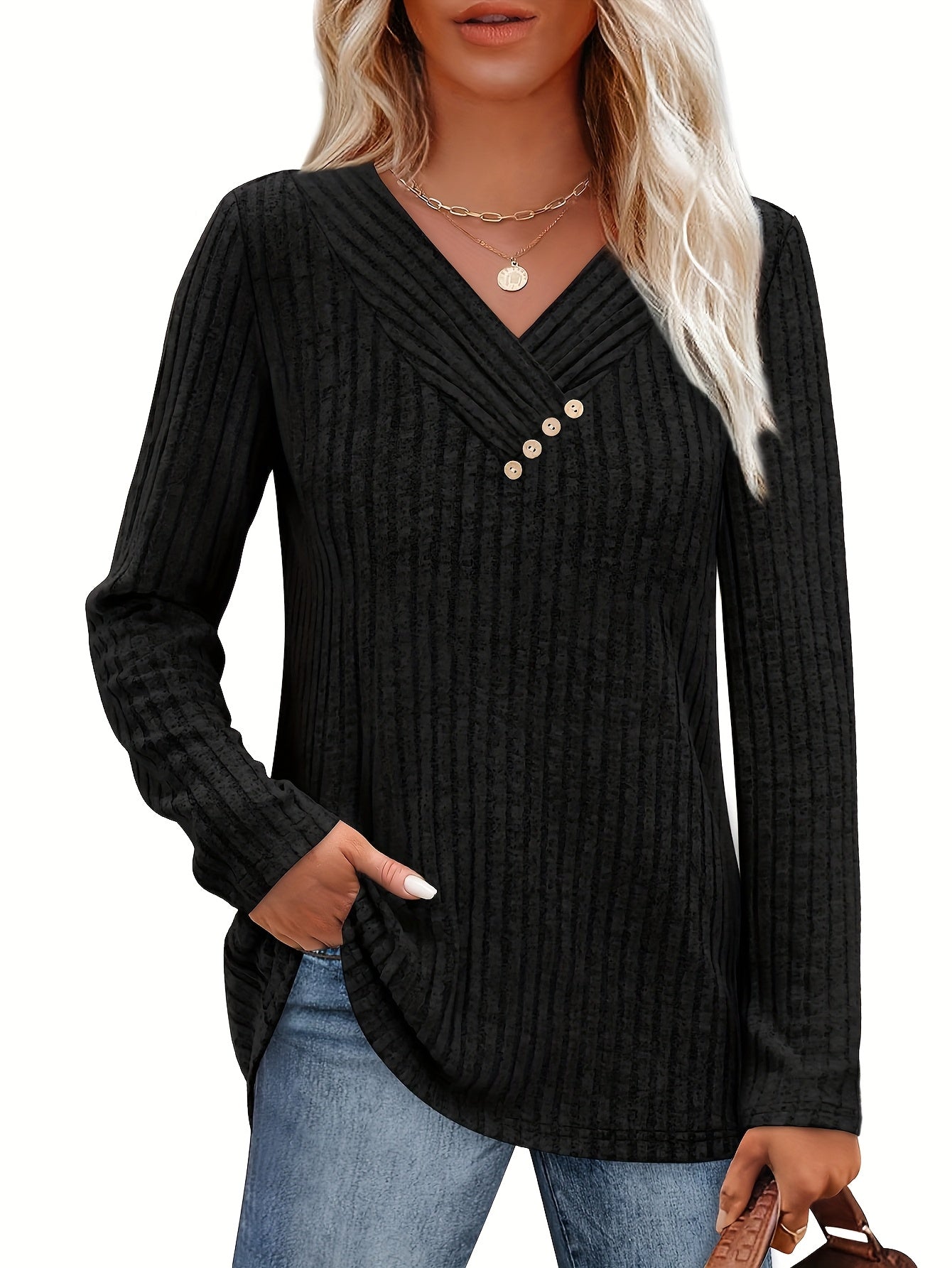 Two-piece Women'S Fashion Top, Casual Long-sleeved Pullover, V-neck Button, Thin Autumn And Winter Sweater, Cropped Sweaters for Women, Colourfull Loose Sweater for Women, Long Sweaters for Women, Everyday Outfit, Layering Piece, Vneck Design