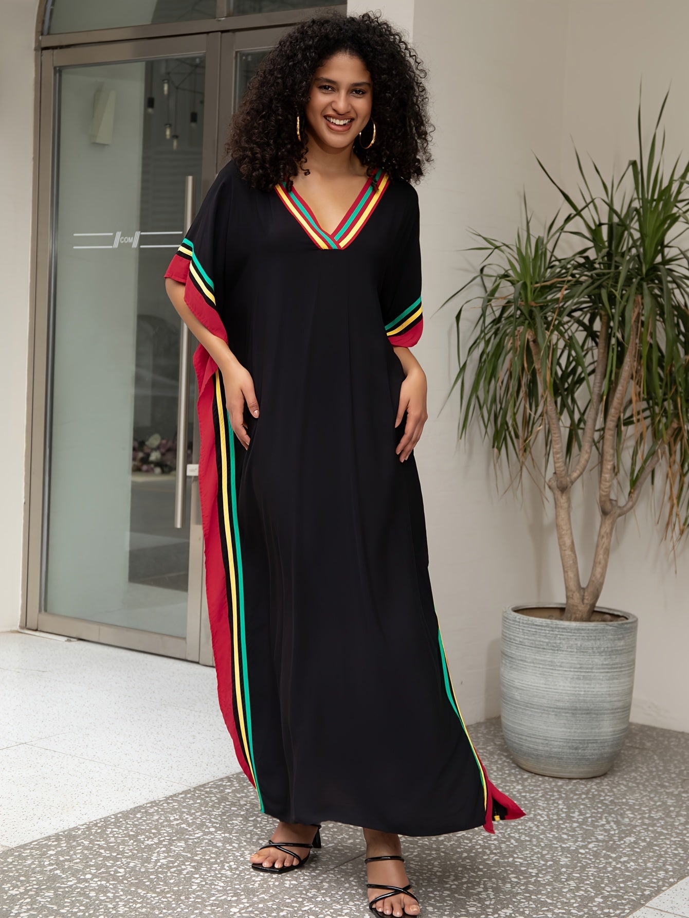 Women'S Casual Kaftan Dress, Plus Size Batwing Sleeve V Neck Maxi Dress