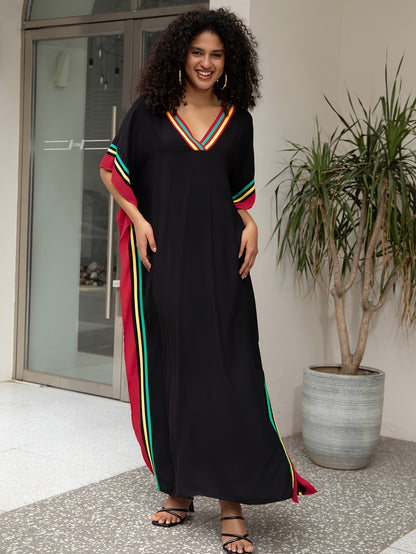 Women'S Casual Kaftan Dress, Plus Size Batwing Sleeve V Neck Maxi Dress