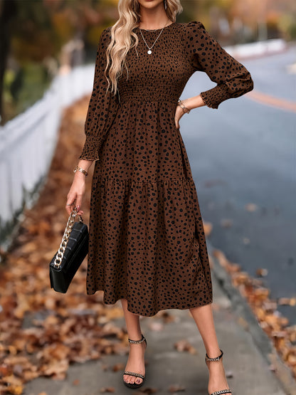 ZAFUL Spring Women's Clothing, Elegant Dress for Ladies with Long Sleeves and Round Neck Leopard Print, Commuting Elegant Dress, Women's Long Skirt
