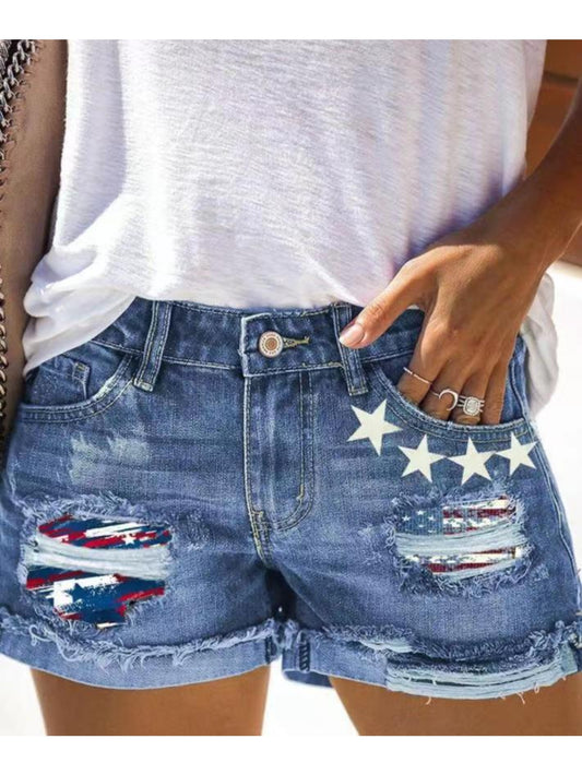 Printed Patchwork Ripped Turn-Up Hem Denim Shorts Women'S High Waist Vintage Distressed Casual Edgy Summer Shorts