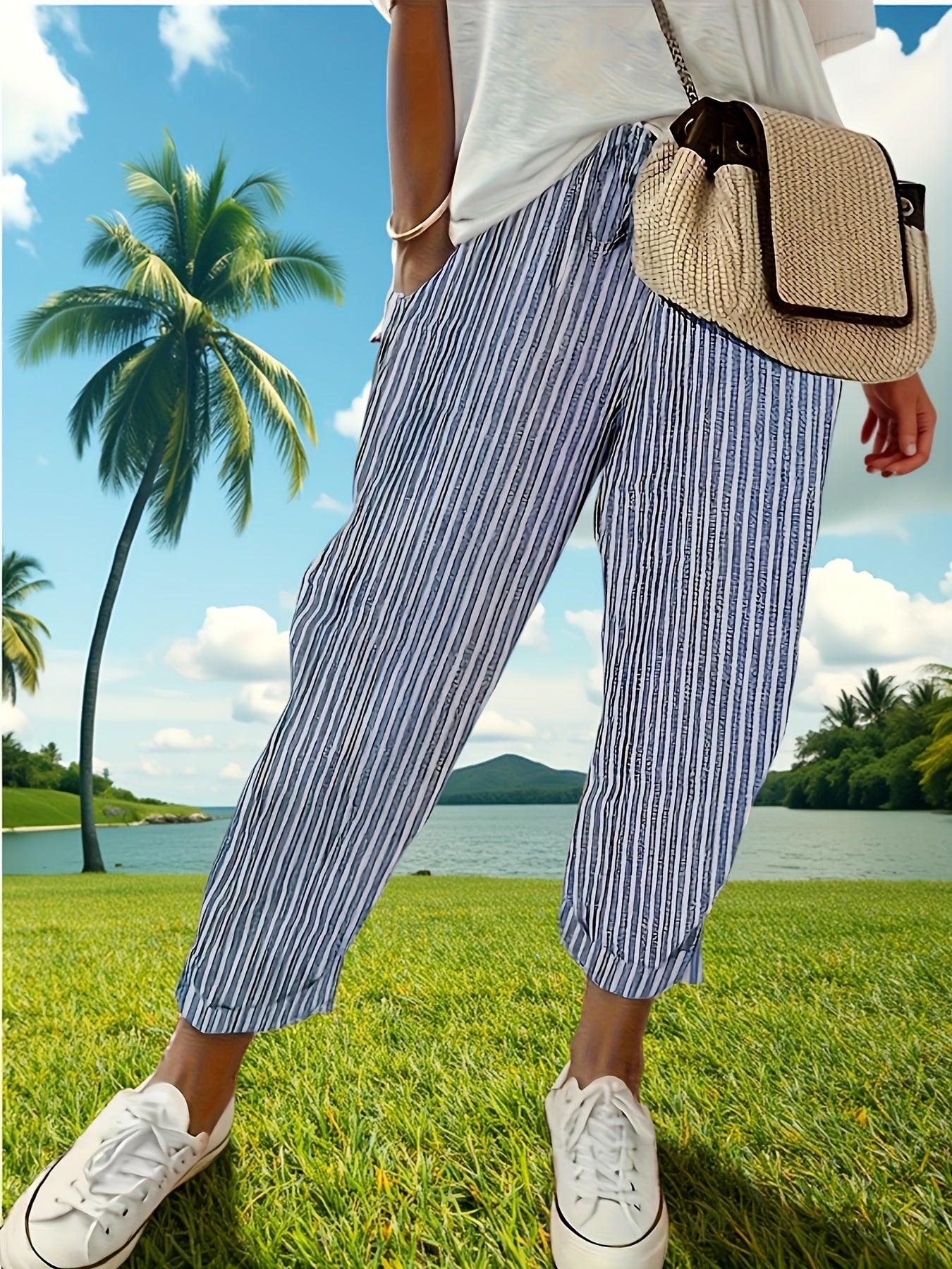 Women's High-Waisted Casual Wide Leg Pants - Lightweight Polyester, Machine Washable, All-Season Comfort with Side Stripe Detailing, 3/4 Length Relaxed Fit for Casual Attire, Comfy Pants, Versatile Wardrobe Staple, Stylish Stripe Detailing, Durable Constr