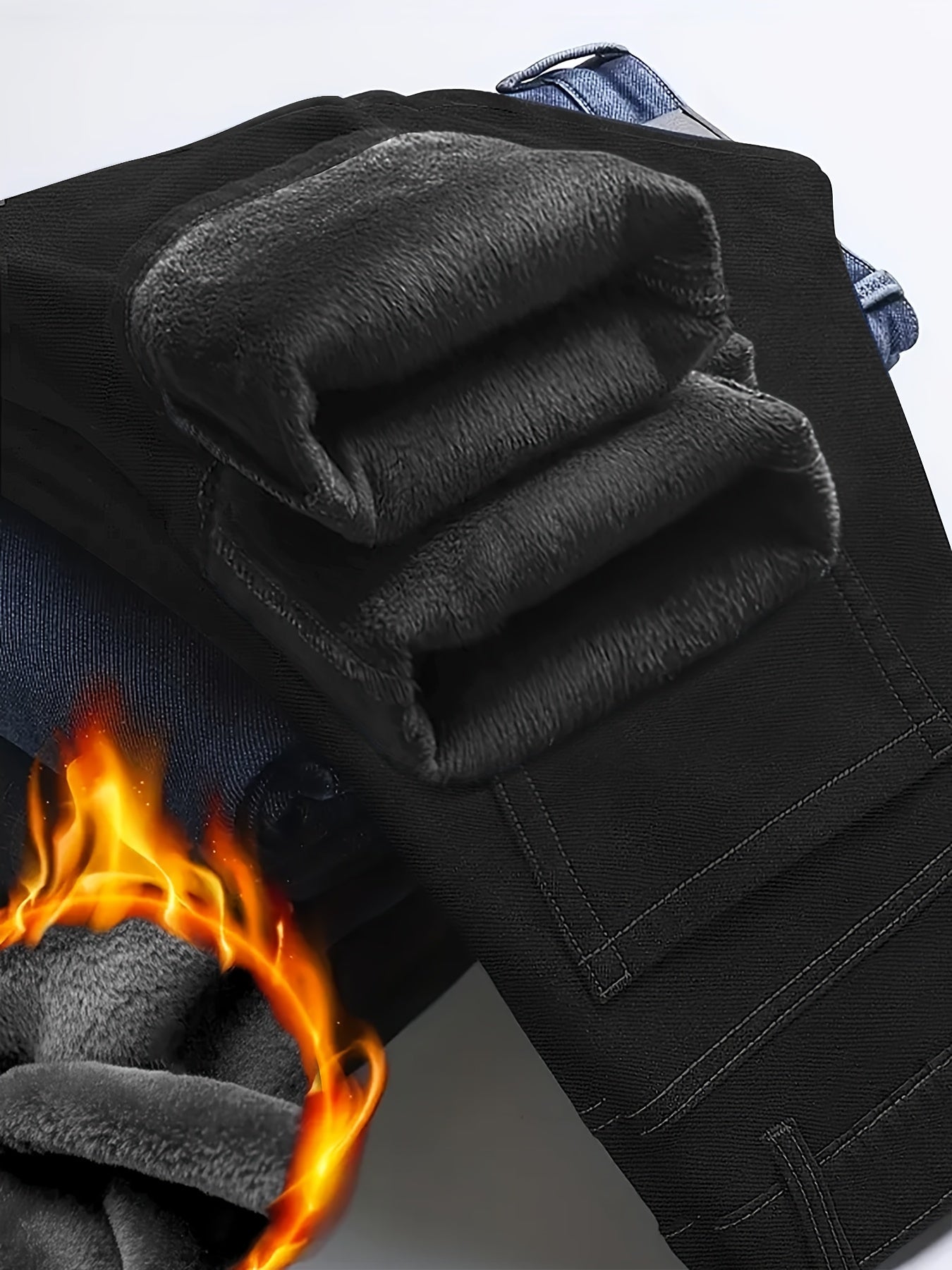 2pcs Men'S Slim Fit Fleece Lined Jeans - Business Casual Thermal Trousers for Winter