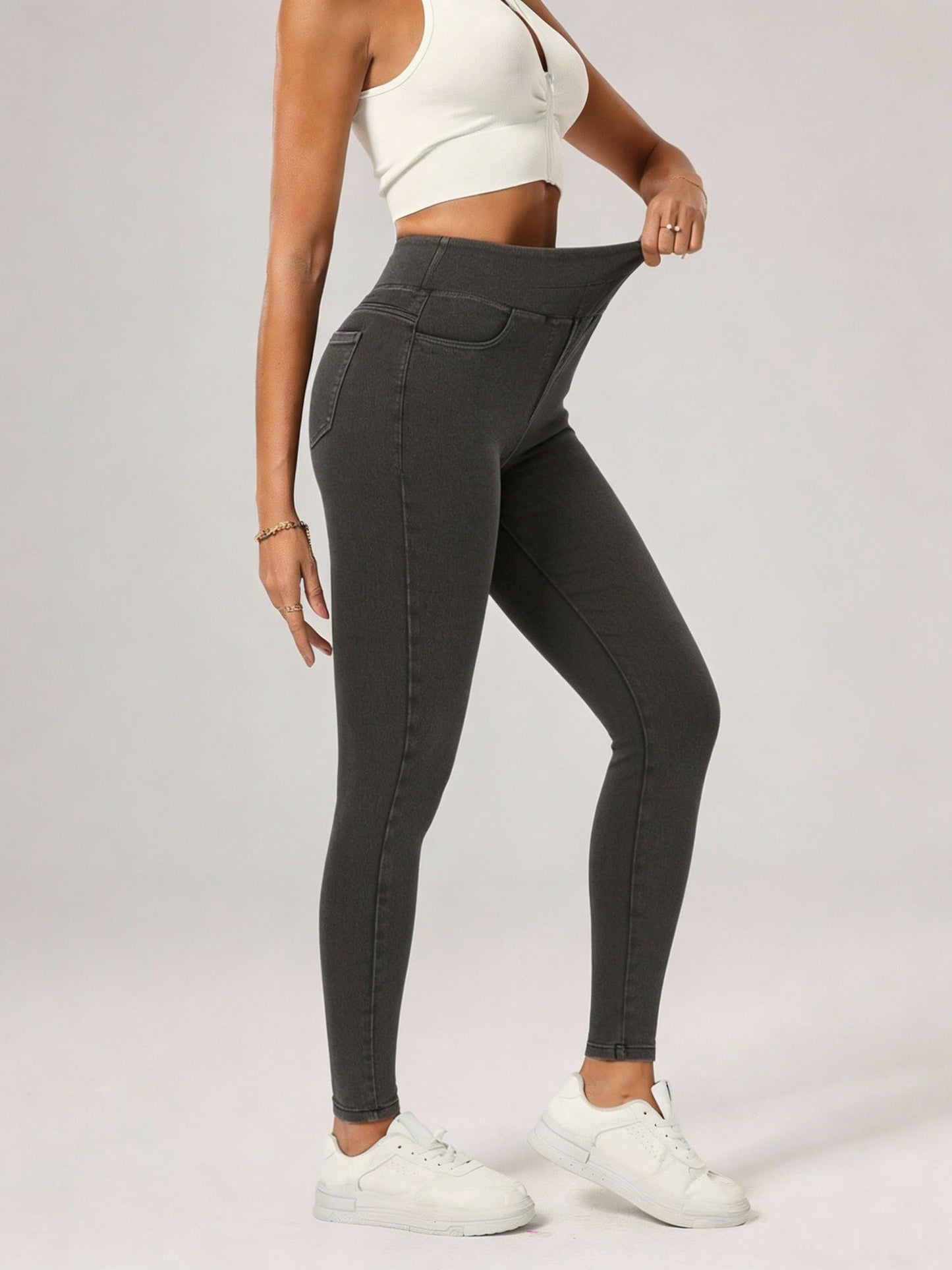 Women'S High-Waisted Denim Jeggings, Tummy Control Skinny Jeans Pants, Stretchy Pull-On Skinny Fit Leggings