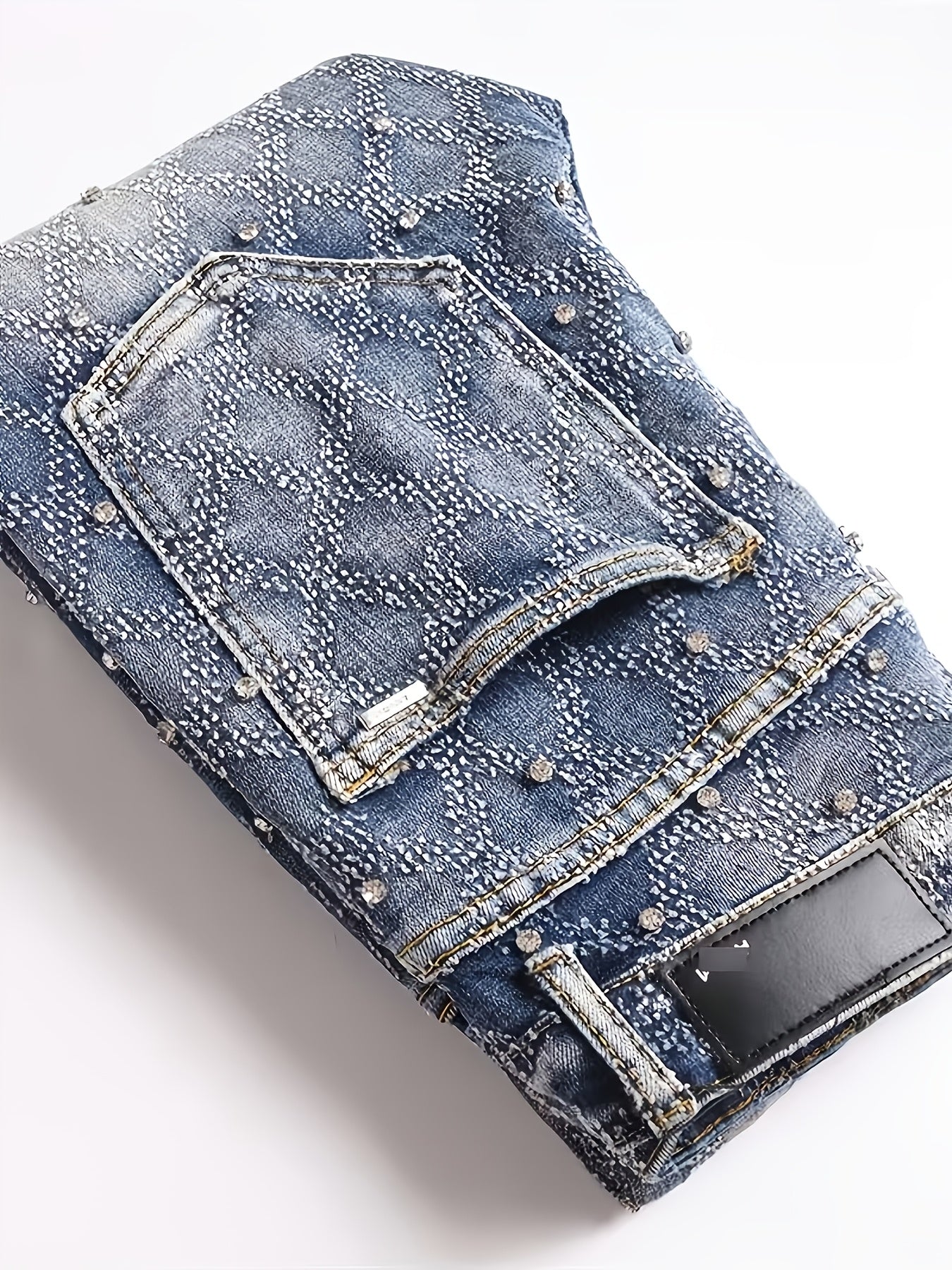 Y2K Men's Shiny Rhinestone Embellished Stretch Slim-Fit Jeans, Casual Street Style Hip-Hop Skateboarding Rap Pants, Machine Washable - All-Season Wear