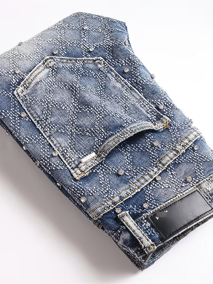 Y2K Men's Shiny Rhinestone Embellished Stretch Slim-Fit Jeans, Casual Street Style Hip-Hop Skateboarding Rap Pants, Machine Washable - All-Season Wear