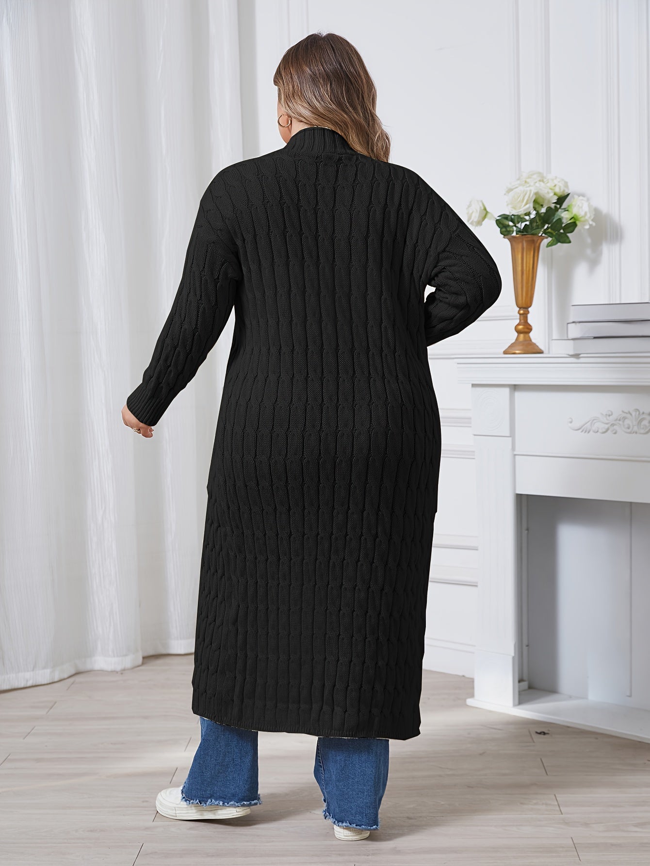Plus Size, Large Size Twisted Flower Long Cardigan with Large Pockets, Loose Sweater Jacket for Autumn and Winter Fashion, Over the Knee for Outerwear
