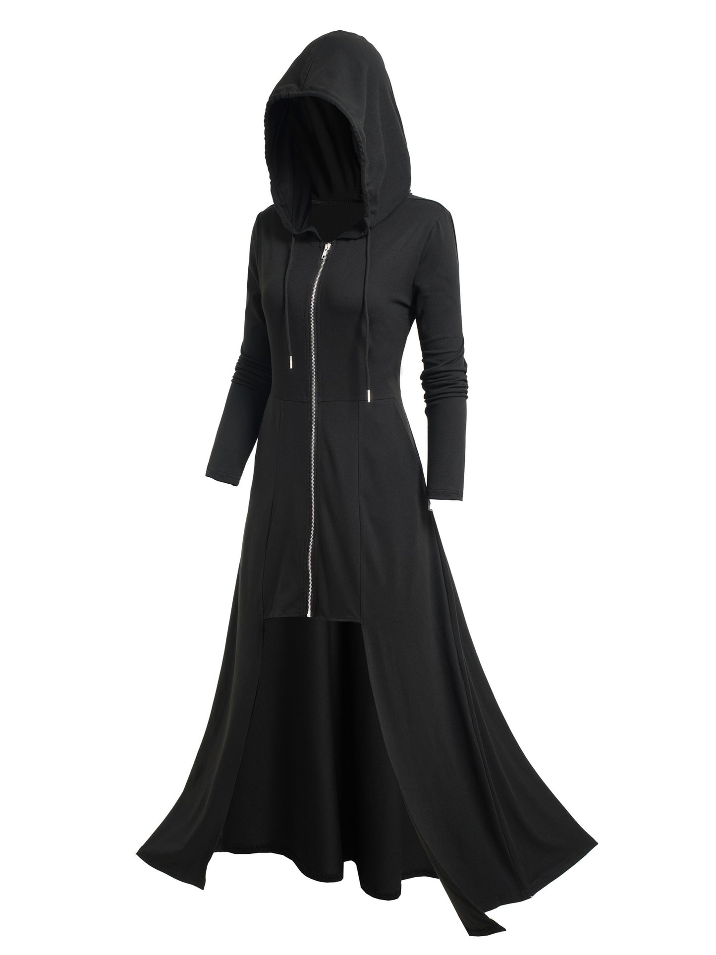 Gothic Style Zip Up Jacket, Casual Long Sleeve Hooded Extra-long Swallowtail Jacket for Holiday & Cosplay, Women's Clothing