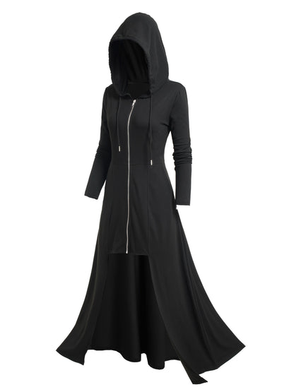 Gothic Style Zip Up Jacket, Casual Long Sleeve Hooded Extra-long Swallowtail Jacket for Holiday & Cosplay, Women's Clothing