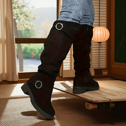 Women'S Ruched Slouchy Boots, Chunky Heel Long Boots, Versatile Over-The-Knee Boots, Women Shoes