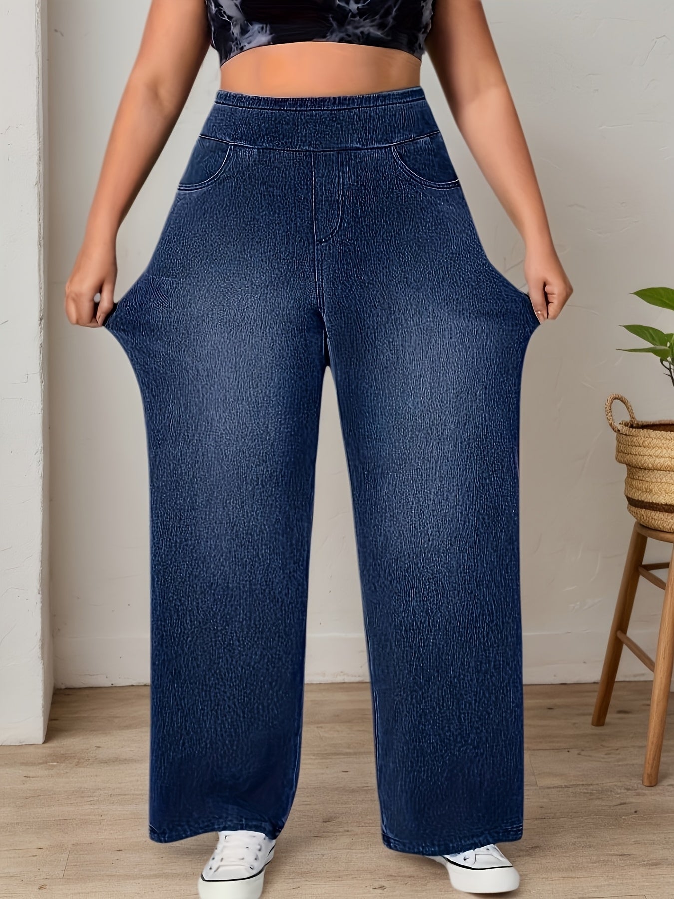 Women's Plus Size High-Waisted Wide-Leg Denim Pants - Stretch Elastic Waistband Beltless -Line Trousers, Wash-Finished Solid Blue Jeans Suitable for All-Season Casual Wear, Office, Everyday Outfits (Machine Washable)