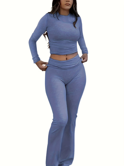 Casual Two Piece Outfits Long Sleeve High Waist Fold-Over Flare Flared Leggings Pants Sets Streetwear