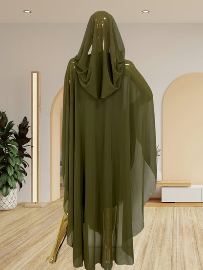 Chic Rhinestone Wrap for Women Featuring Trumpet Sleeves - A Loose-Fitting Long Cape Inspired by Middle Eastern Styles, Adorned with Semi-Sheer Pearls And Crystals, with a Split Hem Perfect for Summer Weddings And Formal Occasions