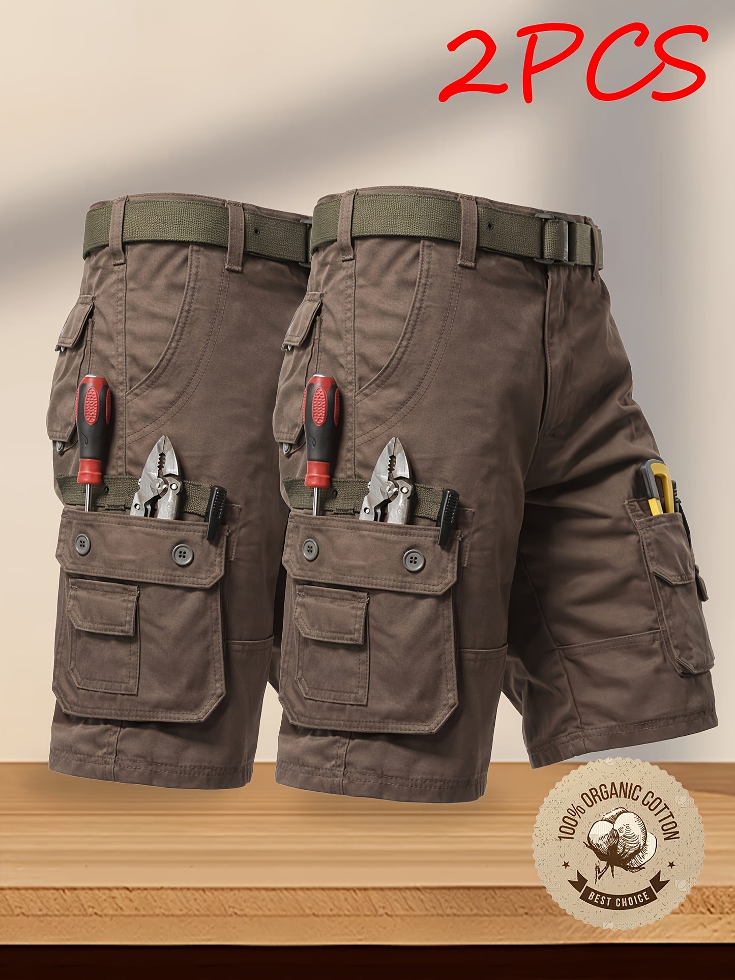 2-Pack Men'S New Multi-Pocket Work Shorts, 100% Pure Skin-Friendly And Breathable Fabric, Running, Travel, And Hiking Shorts, Wrinkle-Resistant And Durable Shorts