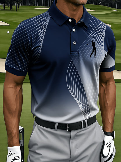 Men's Casual Sports Short Sleeve, Mesh Lines and Golf Pattern Print, Polyester Fabric Machine Washable, Breathable Regular Fit, Suitable for Daily Casual Sports Wear, PLUS SIZE