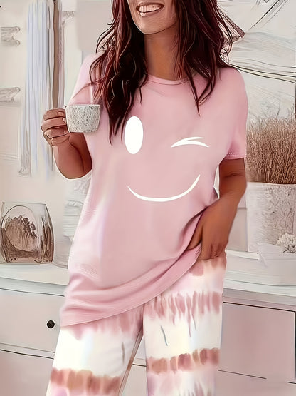 Smiling-printed Round-necked Short-sleeved Top + Gradient-colored, Loose-fit Straight-leg Pants Set