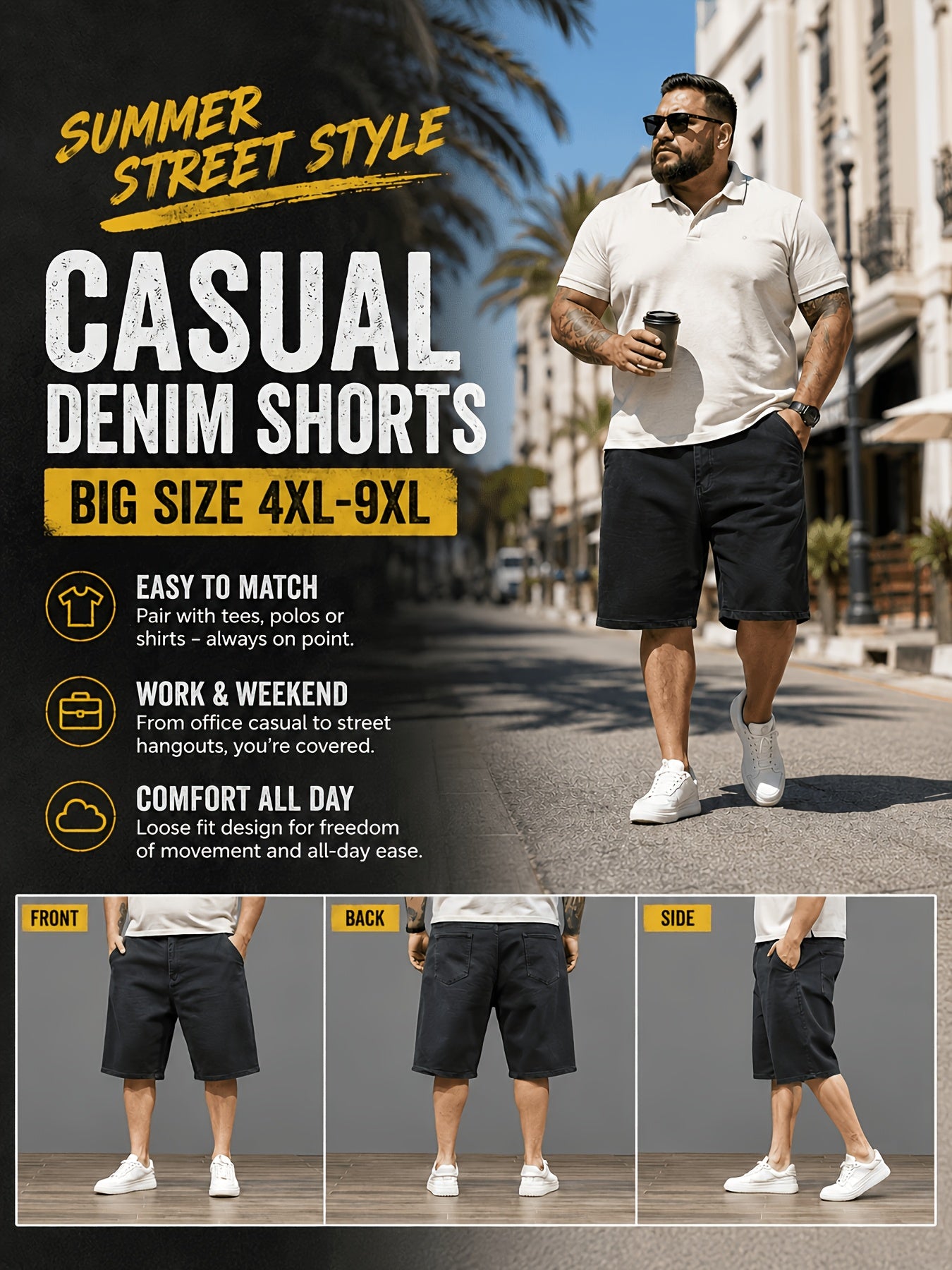 Men'S Big And Tall Clothing Black Denim Shorts, Loose Fit Everyday Jean Shorts with Deep Pockets, Plus Size