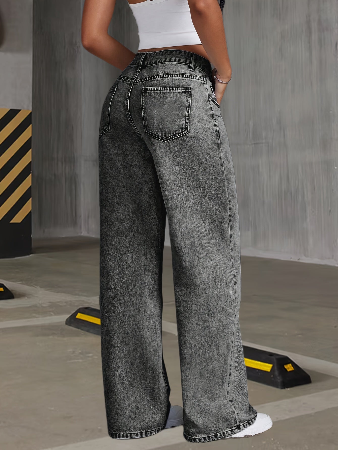 [Elegant Denim Jeans] Women's Gray Snowflake Denim Wide Leg Jeans - Elegant, Comfortable Stretch Casual Pants with High Waist, Button Fly, And Flake Details for Weekend Wear, Versatile Fashion | Elegant Denim | Comfortable Fit