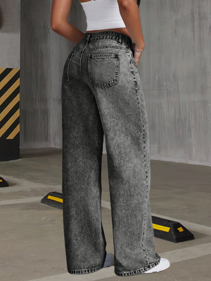 [Elegant Denim Jeans] Women's Gray Snowflake Denim Wide Leg Jeans - Elegant, Comfortable Stretch Casual Pants with High Waist, Button Fly, And Flake Details for Weekend Wear, Versatile Fashion | Elegant Denim | Comfortable Fit