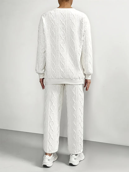 Women'S Sweatshirt Ensemble for Autumn/Winter 2025 - Featuring a Solid Color, Cable Patchwork, Long Sleeve Crew Neck Top And Cuffed Pants in a Two-Piece Outfit, Including a Pullover And Sweater, Perfect for Christmas And Fall
