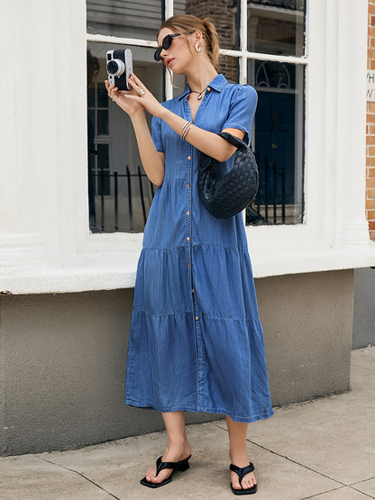 Women'S Light Blue Lyocell Denim Dress - Elegant V-Neck Short Sleeve Multi-Tiered Ruffled Hem Casual Vacation Dress, Machine Washable Regular Fit All-Season Wear
