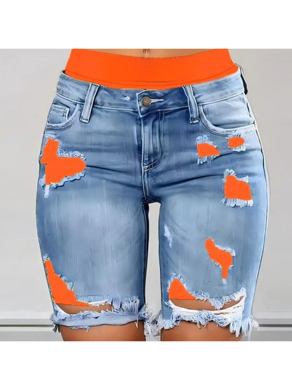 Denim Shorts, Color Block Printed Ripped Shorts/w Fitness Running Shorts