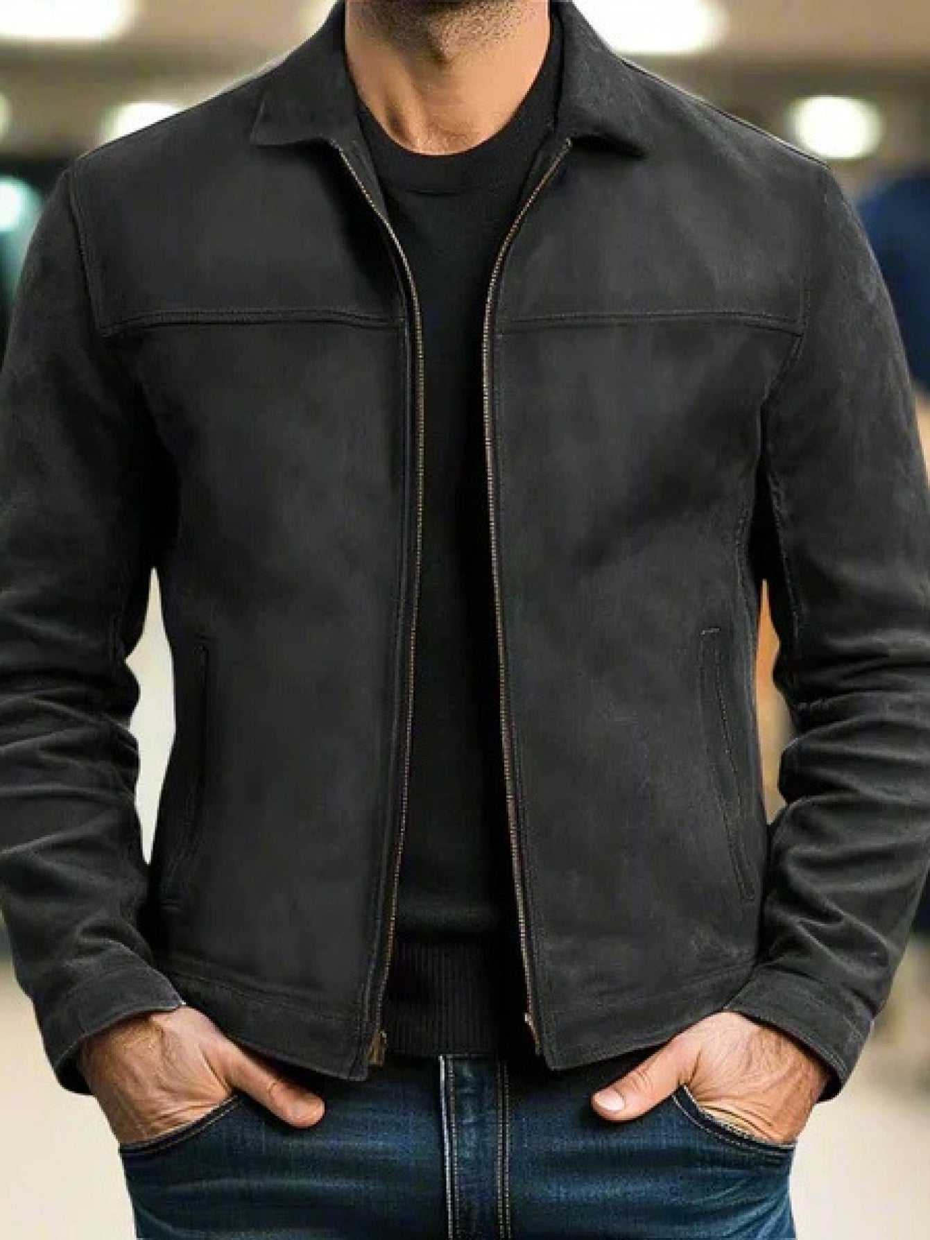 Men's Brown Zip-Up Short-Length Jacket Spring Style Slim Fit Heavy Duty Work Coat Casual Trendy Outerwear